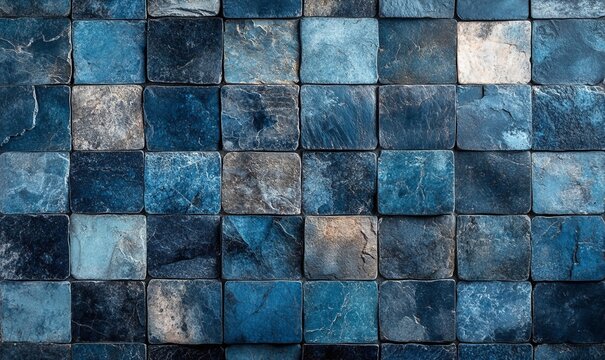 Blue ceramic tile wall or floor background. Design wallpaper copyspace, Generative AI