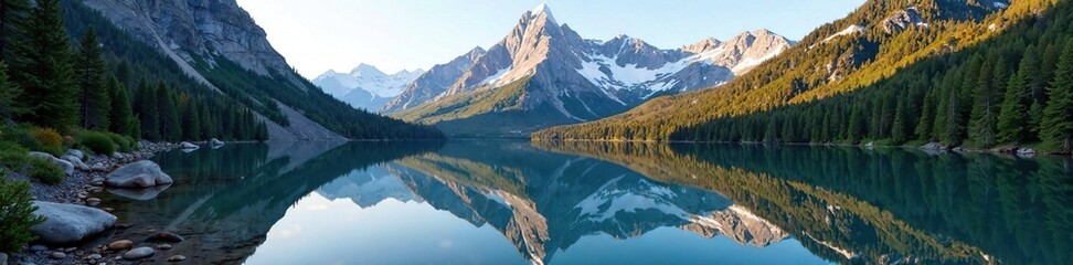 Fototapeta premium Morningside Peak reflected in Moraine Lake's calm waters, Rockies, landscape