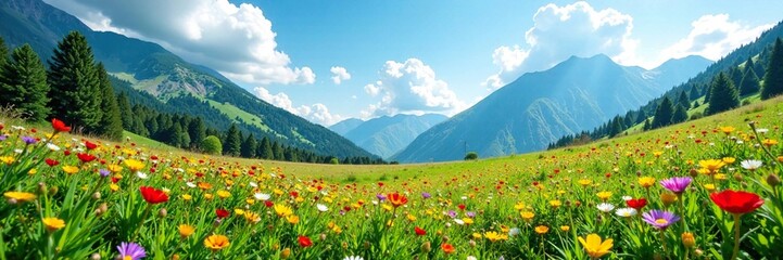 Fototapeta premium Mountain meadow blooming with colorful wildflowers, meadow, greenery, colors
