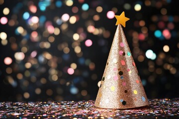 Festive Golden Party Hat with Sparkling Bokeh Background for Celebrations, Birthdays, and New Year Events.