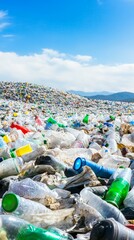 Plastic bottles and packaging waste creating a massive pile of garbage polluting the environment under a beautiful blue sky, highlighting the global environmental crisis