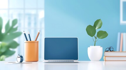 A serene and organized workspace with a clean minimalist aesthetic featuring modern technology devices eco friendly plants