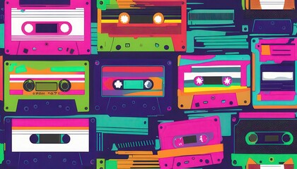 A vibrant and colorful pattern of retro cassette tapes, featuring bold neon colors like pink, green, orange, and blue, arranged in a playful, generate ia