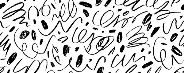 Childish seamless banner design with crayon drawn squiggles and doodle lines.