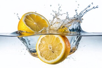 Slow Motion Lemon Slice Falling into Water - Refreshing Splash & Bubbles - Healthy Vegetarian Food