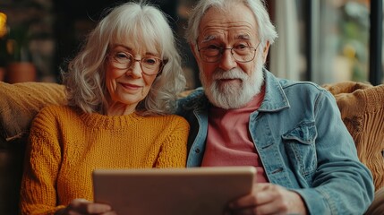 A charming elderly couple, dressed casually, uses a digital tablet as they sit comfortably on a couch at home