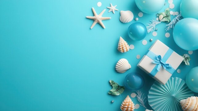 Tropical beachside party celebration with balloons and confetti coastal venue festive decor joyful atmosphere aerial view fun concept