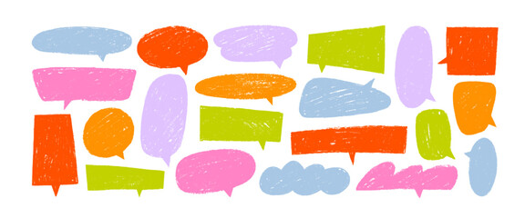Colorful crayon drawn cute speech bubbles. Hand drawn chalk pencil dialog balloons.