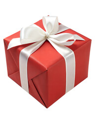 Red gift box with white ribbon and bow isolated on white background. Present box for Christmas