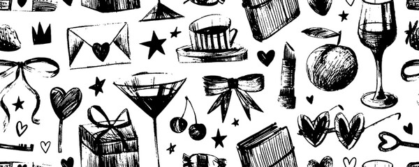 Childish sketchy cute seamless pattern with girlish style elements. Crayon drawn vector graphic seamless pattern. Freehand picnic elements, girly design with wine, lipstick, fruits and bows.