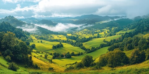 Fototapeta premium Majestic lush green valley with trees and colorful grass against high mountains in asturias in spain. beautiful view landscape with tree sky