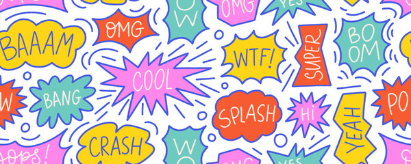 Funky seamless pattern with comic speech bubbles. Outline balloon frames with small cartoon phrases. Vector doodle speech bubbles with messages. Colorful doodle comic seamless pattern.