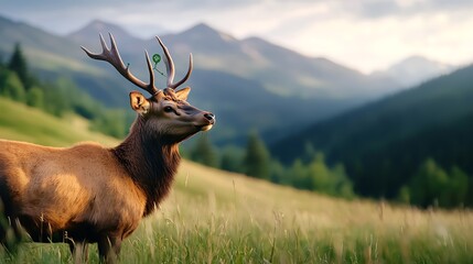 Fototapeta premium Majestic deer stag standing in a lush alpine meadow its impressive antlers silhouetted against the backdrop of towering mountain peaks