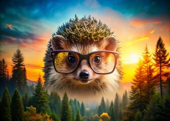 Obraz premium Smart Hedgehog in Glasses: Double Exposure Nature Stock Photo