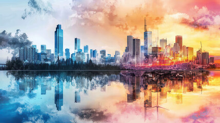 Fototapeta premium stunning urban skyline reflecting on water, showcasing blend of city and nature. vibrant colors create harmonious atmosphere