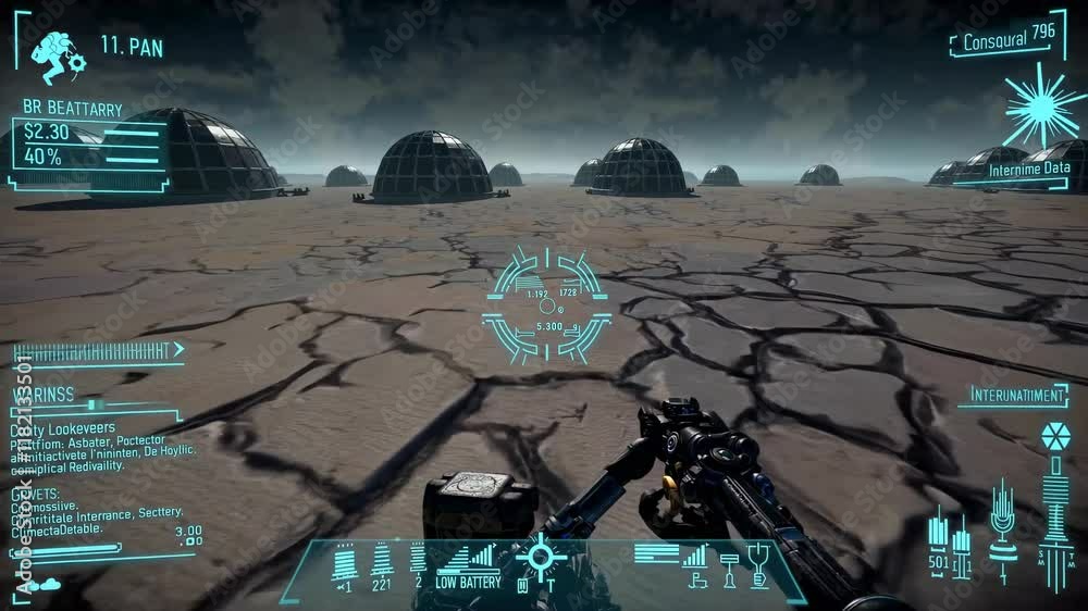 Poster exploring a desolate alien landscape with futuristic structures and advanced technology at a remote 