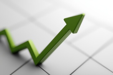 Green upward trend arrow on a white backdrop, add space for reproduction