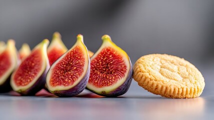 Sliced figs next to crumbly cookie on board