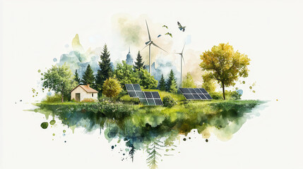 serene landscape featuring renewable energy sources like wind turbines and solar panels, surrounded by lush greenery and wildlife