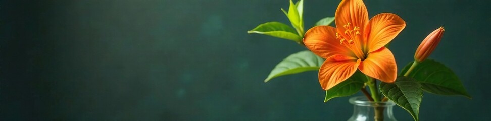 Fototapeta premium Orange flower branch placed in a vase with water and greenery, branch, arrangement