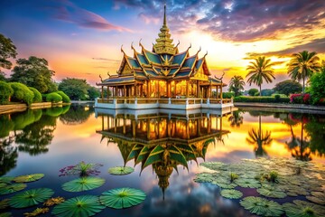 A breathtaking double exposure of a Thai pavilion in Bangkok's Suanluang Park.