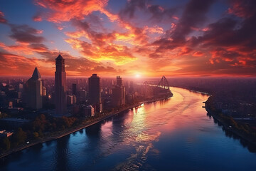 Fototapeta premium Fantastic Urban skyline with skyscrapers reflecting a vibrant sunset over a river