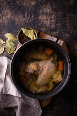Chicken broth soup or bouillon in pan