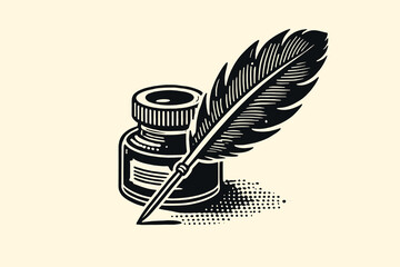 Vintage inkpot and feather illustration, black vector icon or emblem