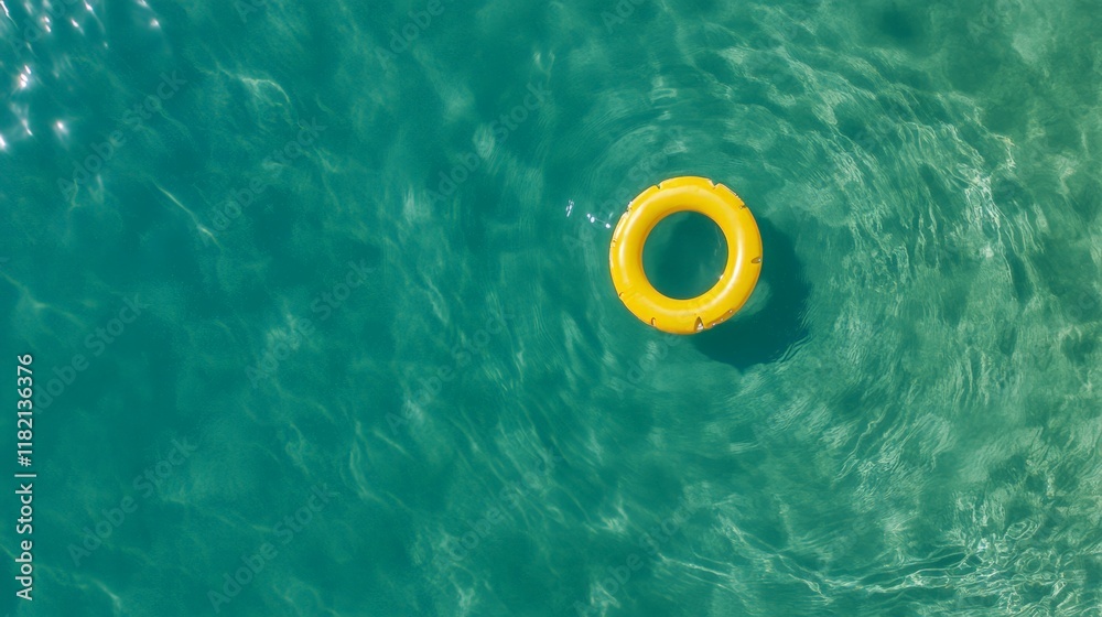 Poster yellow inflatable ring floating on turquoise transparent water surface in summer sunlight, creating 