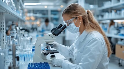Female scientist in white coat and mask intensely studies blue liquid using a microscope, focused on her research in the lab