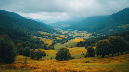 Fototapeta premium Majestic lush green valley with trees and colorful grass against high mountains in asturias in spain. beautiful view landscape with tree sky