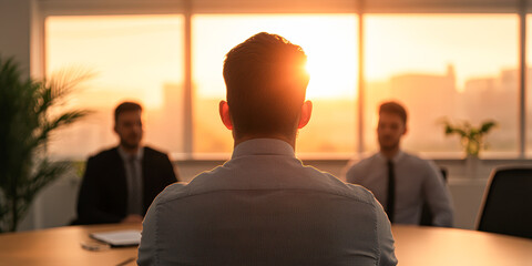 Fototapeta premium A man sits at a table with two other men, all wearing suits