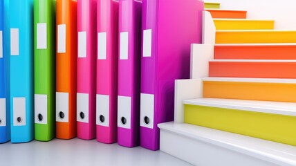 Colorful folders lined up next to rainbow staircase