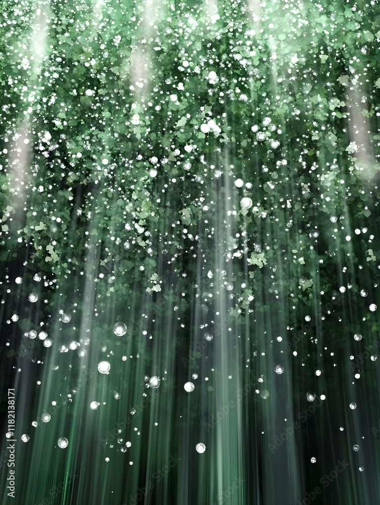 Poster Abstract digital artwork depicting a shimmering green forest with sunlight filtering through the foliage, creating a magical and enchanting atmosphere