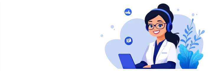 Online Support Agent Assistance - Friendly agent, laptop, headset,  communication,  customer service.  Represents online help, tech support, and efficient solutions.