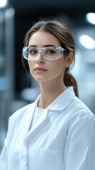 Fototapeta premium Female scientist in white coat and mask intensely studies blue liquid using a microscope, focused on her research in the lab