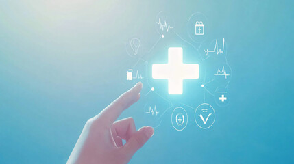 Hand touching medical cross icon on blue background, surrounded by healthcare and business growth symbols. Representation of technology integration in healthcare industry, innovation in medical and bu