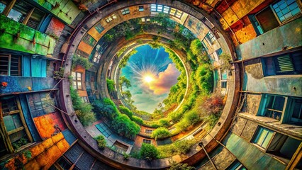 A hypnotic urban loop:  exploration, disorientation, trapped in a circular, decaying cityscape.