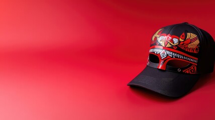 Black baseball cap with colorful tribal mask design on red background