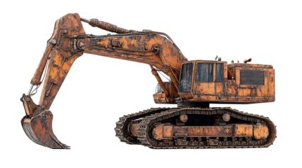 A large, rusty machine, with a long arm, in a factory setting