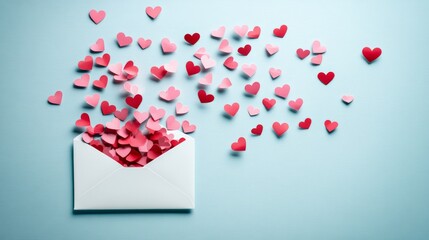 Flying red and pink paper hearts escape from a slightly open white envelope on a pastel blue background, evoking a romantic atmosphere for love themed celebrations