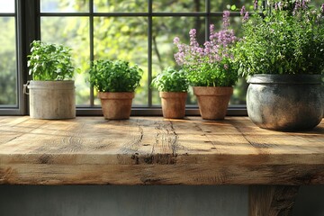A rustic wooden table adorned with potted herbs and flowers, illuminated by natural light from a window.