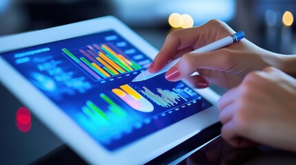 A businesswoman's hand rapidly taps the keyboard of her laptop, fingers flying across the keys as she works on a critical finance project in the office