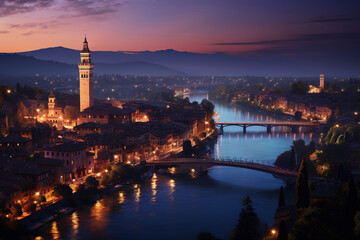 Obraz premium Twilight View of Verona, Italy
