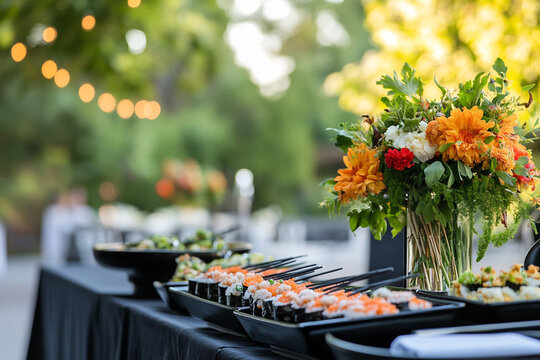 Outdoor buffet catering table with sushi platters and vibrant floral centerpiece with copy space
