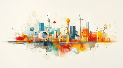 Fototapeta premium artistic representation of vibrant city skyline with wind turbines, showcasing renewable energy and innovation