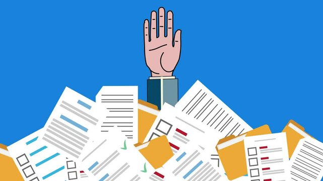 Overwhelmed Employee need help with many unfinished documents and too much work. Overload Worker or businessman asking Help . Dawning Hand in Files and Workpaper Cartoon Flat design Style