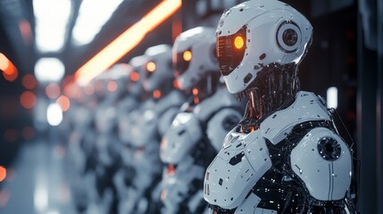 A row of futuristic humanoid robots with glowing eyes in a high-tech environment.
