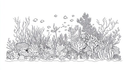 Fish swim near coral reef, with plants in the background, for coloring book, art