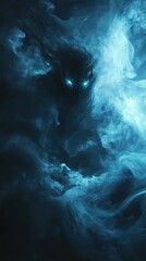 A shadowy demonic figure emerges from swirling blue smoke